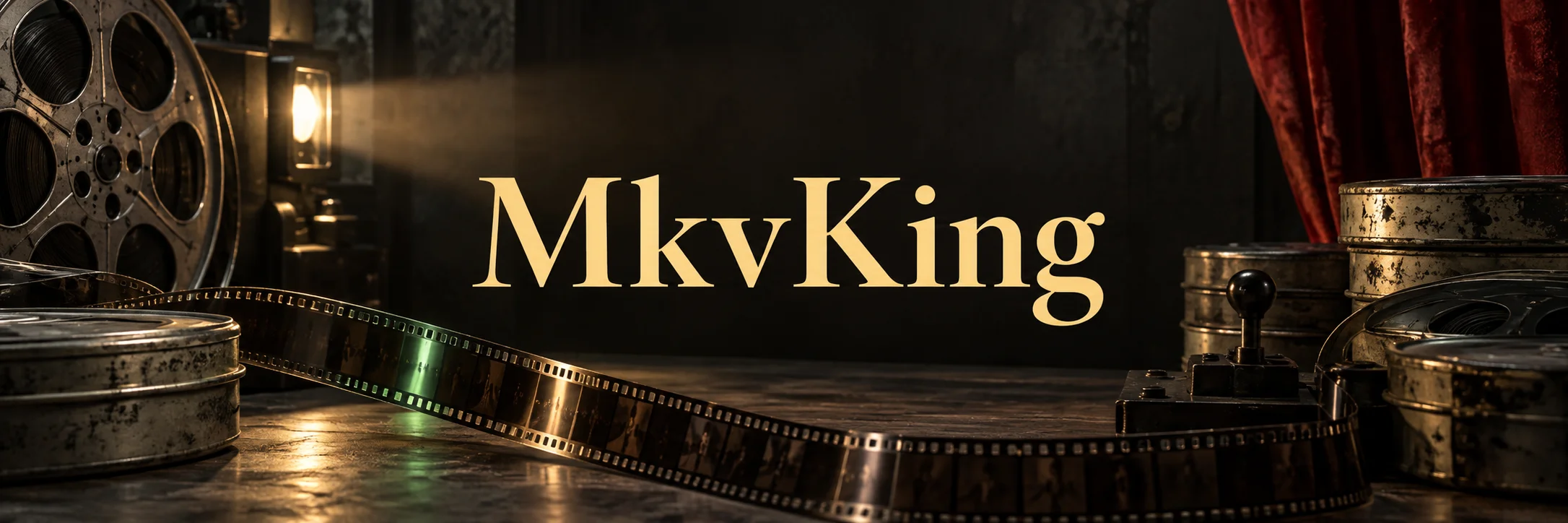 MkvKing in gold serif lettering above film reels, with a red cinema curtain and soft green projection light